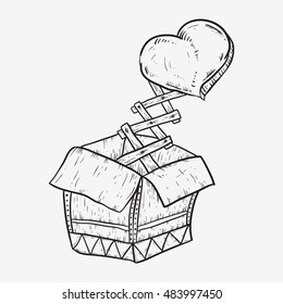 a magical box or classic surprise toy with heart hang on spring line art