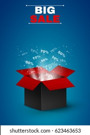 Magical box of red-black color. Beautiful glow from an open box. Magic dust. Big sale of the year. Discounts seventy and fifty percent. Realistic vector illustration. EPS 10