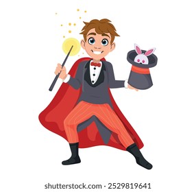 Magical boy taking a stuffed rabbit out of his hat using his wand. vector illustration.