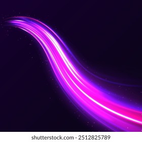 Magical bright luminous energy lines, a stream of brilliant vortex energy waves, an electrical trace glowing on a dark background. Particle motion light effect. Abstract fire flare trace lens flares.	