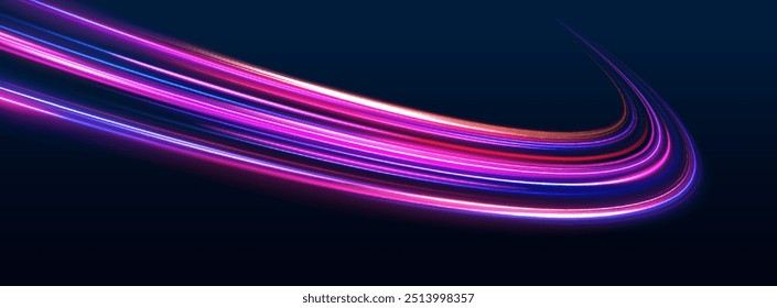 Magical bright luminous energy lines, a stream of brilliant vortex energy waves, an electrical trace glowing on a dark background. Particle motion light effect. Abstract fire flare trace lens flares.	