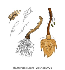 Magical brooms intertwined with captivating natural elements leaves, twigs, branch. Isolated Vector illustration theme magic, Halloween, esoteric.