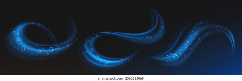 Magical bubble swirl effects - glowing neon blue streams with transparent spheres, flowing waves and curly trails on dark background. Abstract water with detergent foam vortex. Clean whirlwind.