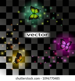 Magical butterflies glowing in the dark slowly fly in the twilight mysterious fairy creatures elves and fairies turn into butterflies, fantasy characters around the frame, isolated vector illustration