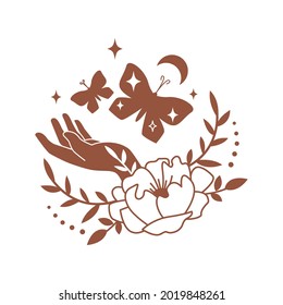 Magical butterfly silhouette with hand, moon, star, leaves, flower in minimal boho style isolated on white background. Celestial vector flat illustration. Mystical design for tattoo, card, web stories