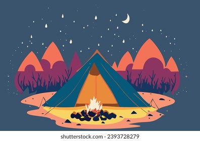 Magical campfire scene with glowing tents under night sky