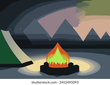 Magical camping in the mountains. Vector illustration of tent camps in nature.