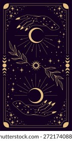 Cartão mágico para astrologia, tarô. Cartão-postal roxo com uma moldura em um design boêmio, estrelas das fases da lua, espaço de cópia. Ilustração do vetor mágico