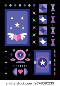 Cartão Mágico e elementos padrão geométrico, vetor abstrato neon, elementos espirituais. Concepção da superfície. Plano de fundo da Forma Geométrica. Magia e Bruxa