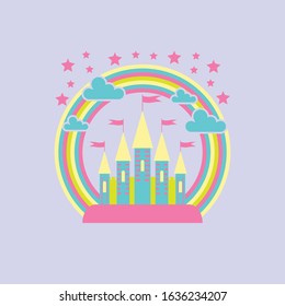 magical cartoon castle with rainbow, clouds and stars