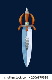 Magical cartoon dwarf broadsword blade. Vector fairytale short sword, fantasy knife of magic weapon with wooden handle and guard decorated gemstones. Game cold weapon, double edged sword icon