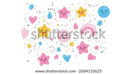 magical cartoon elements with stars, moon, clouds and sparkle