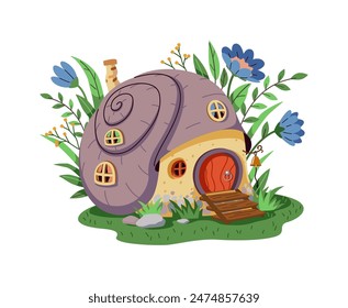Magical cartoon gnome or fairy house made of spiral shell. The house is on a green lawn decorated with flowers and leaves. The house has a wooden door and windows