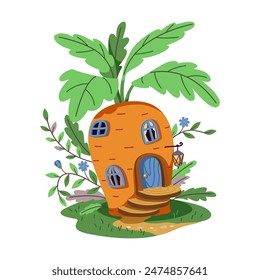 Magical cartoon gnome or fairy house made of orange big carrot. The house is on a green lawn decorated with flowers and leaves. The house has a wooden door and windows