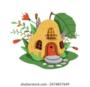 Magical cartoon gnome or fairy house made of yellow pear. The house is on a green lawn decorated with flowers and leaves. The house has a wooden door and windows