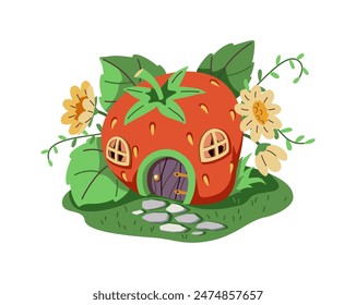 Magical cartoon gnome or fairy house made of red strawberries. The house is on a green lawn decorated with flowers. The house has a wooden door and round windows.