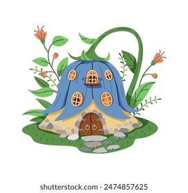 Magical cartoon house of a gnome or fairy made of a large bell shaped flower. The house is on a green lawn decorated with flowers and leaves. The house has a wooden door and windows