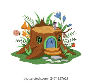 Casa mágica de dibujos animados de un gnomo o hada de un Grande tocón de árbol. La casa está en un césped verde decorado con flores y hojas. La casa tiene una puerta de madera y ventanas