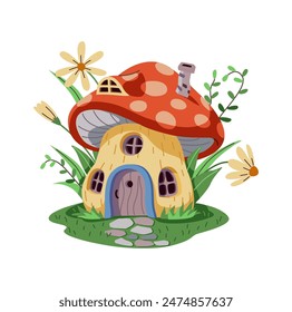 Magical cartoon house of a gnome or fairy made of a large red fly mushroom. The house is on a green lawn decorated with flowers and leaves. The house has a wooden door and windows