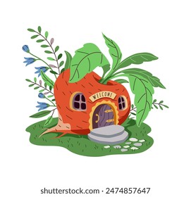 Magical cartoon house of a gnome or fairy made of big red radishes or turnips. The house is on a green lawn decorated with flowers and leaves. The house has a wooden door and windows