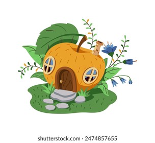 Magical cartoon house of a gnome or fairy made of yellow apple. The house is on a green lawn decorated with flowers. The house has a door and round wooden windows.