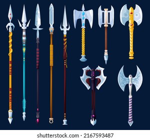 Magical Cartoon Steel Axes, Hatchets, Spears And Lances, Vector Fantasy Weapon Of Medieval Knight, Viking Or Warrior. Magic Game User Interface Game Asset Of Bladed Weapons With Gemstones And Ornament