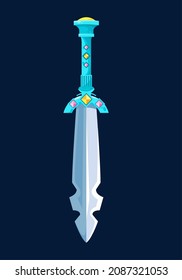 Magical cartoon steel broadsword blade. Medieval knife or sword, vector fantasy dagger game UI asset. Ancient, fairytale stiletto with double-sided blade, precious gemstones guard and handle decor
