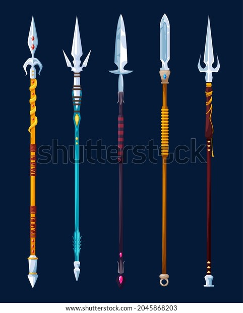Magical cartoon steel spears and lance weapon.\
Medieval knight arms, vector game asset icons. Ancient warrior or\
royal soldier spears and javelin lances weaponry with magic\
gemstones and silver\
pikes