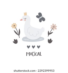 magical. Cartoon swan, hand drawing lettering, decor elements. Colorful vector illustration for kids, flat style. baby design for card, print, poster, cover.


