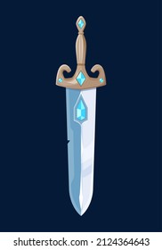 Magical cartoon sword blade with crystal. Fairytale knife, magic dagger or stiletto. Knight warrior weapon, ancient broadsword vector GUI design element with blue gems in blade and handle