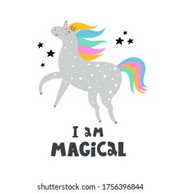 I am magical. Cartoon unicorn, hand drawing lettering, decor elements. Colorful vector illustration for kids, flat style. baby  design for card, print, poster, cover.