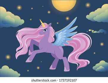Magical cartoon unicorn pegasus on night sky