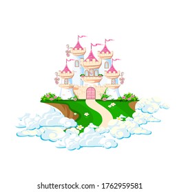 The magical castle of a beautiful princess in the clouds. Beautiful fairytale castle illustration. Vector illustration.
