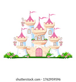 The magical castle of a beautiful princess in the clouds. Beautiful fairytale castle illustration. Vector illustration.