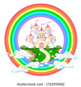 The magical castle of a beautiful princess in the clouds. Beautiful fairytale castle illustration. Vector illustration.