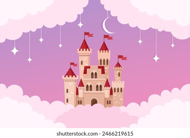 A magical castle in the clouds against a background of stars and the moon. Vector flat illustration.