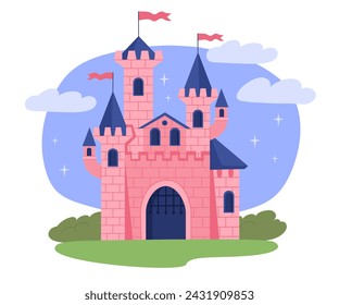 Magical castle concept. Pink old style building. Scene from fairy tale. Imagination, dream and fantasy. Poster or banner. Cartoon flat vector illustration isolated on white background