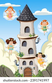 A magical castle surrounded by whimsical fairies in an enchanted land
