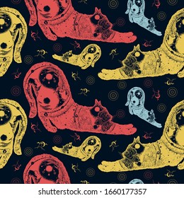 Magical cat animals double exposure. Seamless pattern. Packing old paper, scrapbooking style. Vintage background. Medieval manuscript, engraving art. Harmony yin and yang symbol