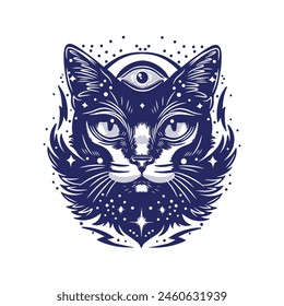 Magical cat face, three eyes, boho style tattoo. vector illustration