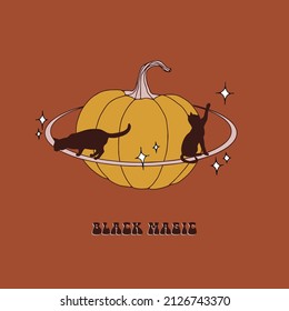 Magical cat silhouette on pumpkin planet in outer space vector illustration. Black magic phrase. Boho Halloween fantasy celestial postcard.
