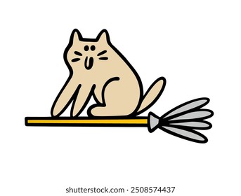 Magical cat sits on a broomstick and flies in the sky. Vector illustration of Halloween and traditional decorations. Doodle funny cartoon kitten is messing around in a fairy tale.