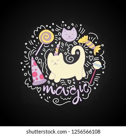 Magical cat vector cartoon fun illustration among curved lines and lollipops, sweets, pizza. Unicorn cat with horn and decorative elements, isolated on black. Magical animals - cat, unicorn