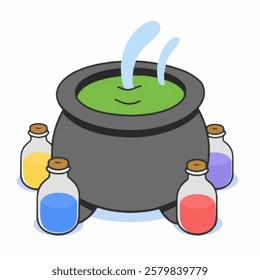 A magical cauldron Illustration with green liquid and bottles. Ideal for fantasy branding, halloween, potion-themed design sets, and spellcasting bundles.