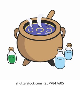 A magical cauldron Illustration with purple liquid and potion, Halloween Illustration. Ideal for fantasy branding, potion-themed design sets, and spellcasting bundles.