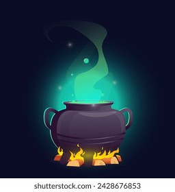 Magical cauldron with witch potion in it, cauldron of magical liquid on fire. Stock vector illustration