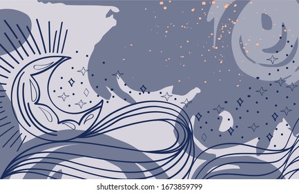 The Magical celectial composition with moon, star, wave on a blue  abstract texture  The Magical celectial  illustration with a luna, a star, a wave, with a abstract blue shape on grey background 