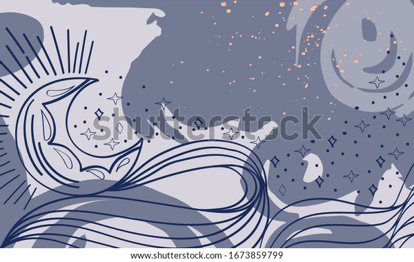 The Magical celectial composition with moon, star, wave\
on a blue  abstract texture  The Magical celectial  illustration\
with a luna, a star, a wave, with a abstract blue shape on grey\
background 