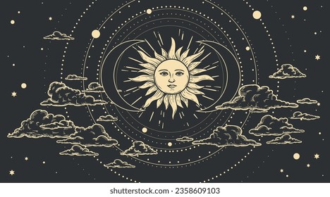 Magical celestial design template for astrology, divination, etc. Hand drawn sketch style sun face, crescent moon in retro esoteric style. Vector illustration.