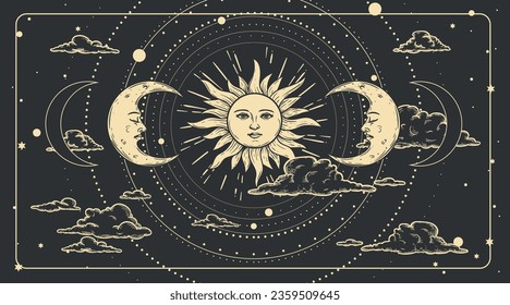 Plantilla mágica de diseño celeste para astrología, adivinación, etc. Dibujo a mano estilo cara de sol, luna creciente en estilo retro esotérico. Ilustración vectorial.